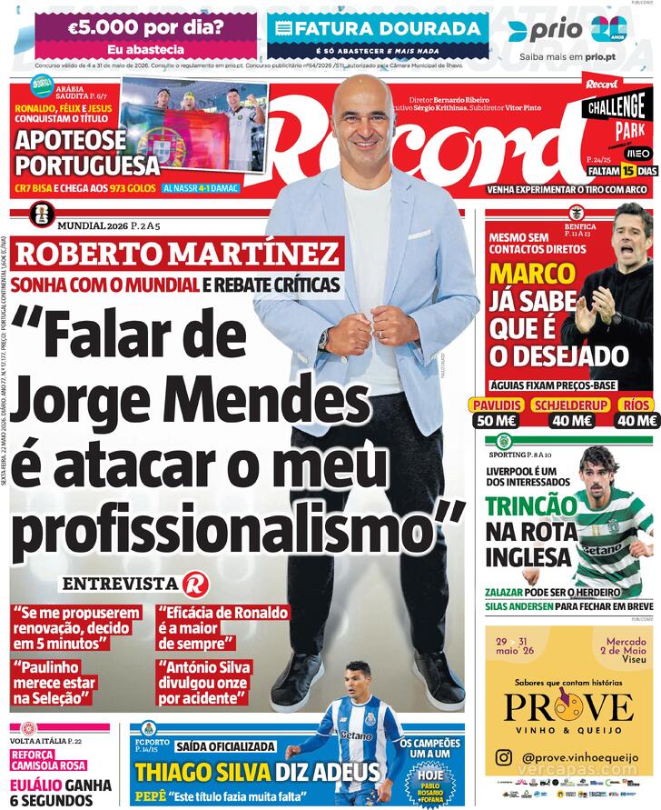 Capas dos jornais desportivos de 22 de Maio de 2026 3 Capa - Jornal Record