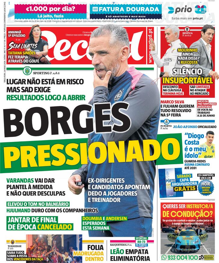 Capas dos jornais desportivos de 26 de Maio de 2026 3 Capa - Jornal Record
