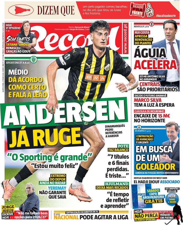 Capas dos jornais desportivos de 27 de Maio de 2026 3 Capa - Jornal Record