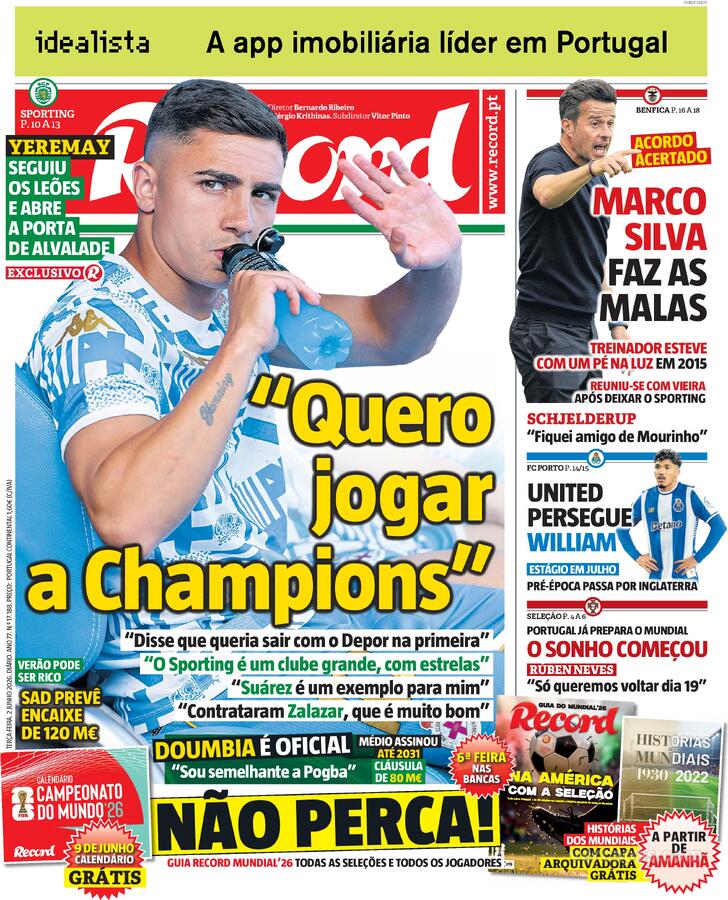 Capas dos jornais desportivos de 2 de Junho de 2026 3 Capa - Jornal Record