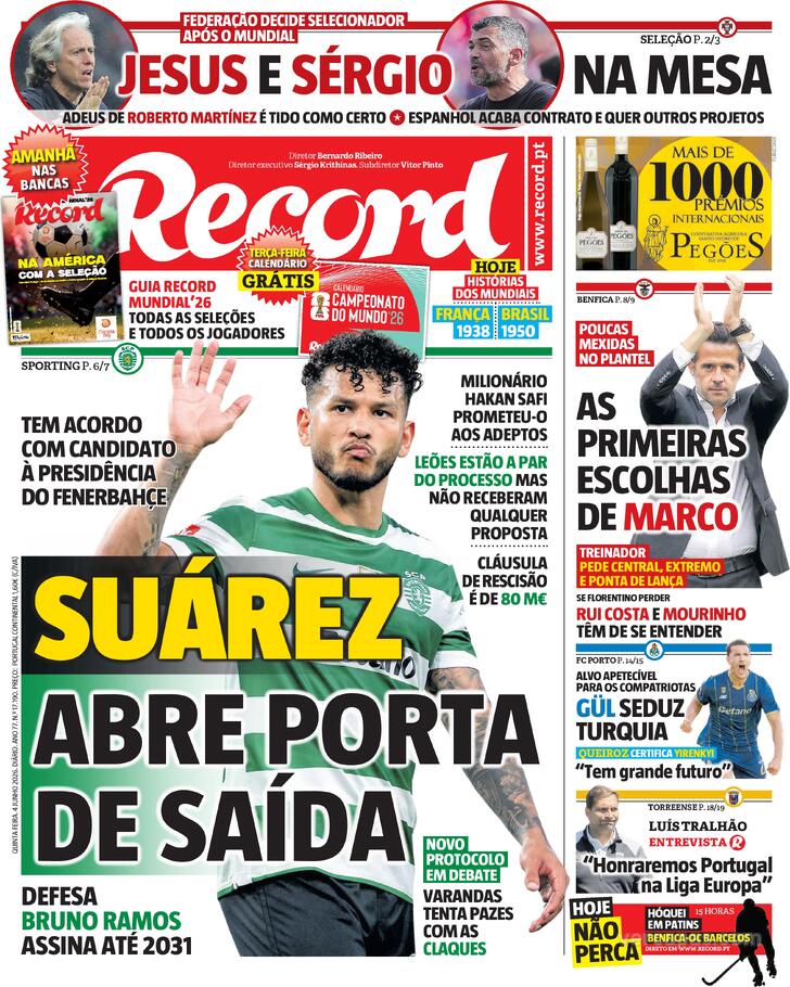 Capas dos jornais desportivos de 4 de Junho de 2026 3 Capa - Jornal Record