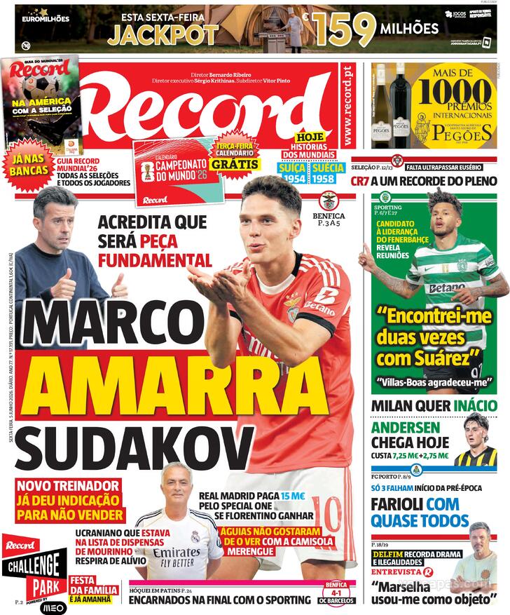 Capas dos jornais desportivos de 5 de Junho de 2026 3 Capa - Jornal Record