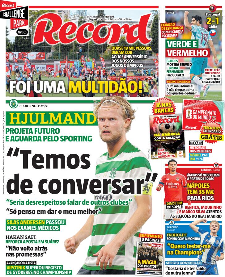 Capas dos jornais desportivos de 7 de Junho de 2026 3 Capa - Jornal Record