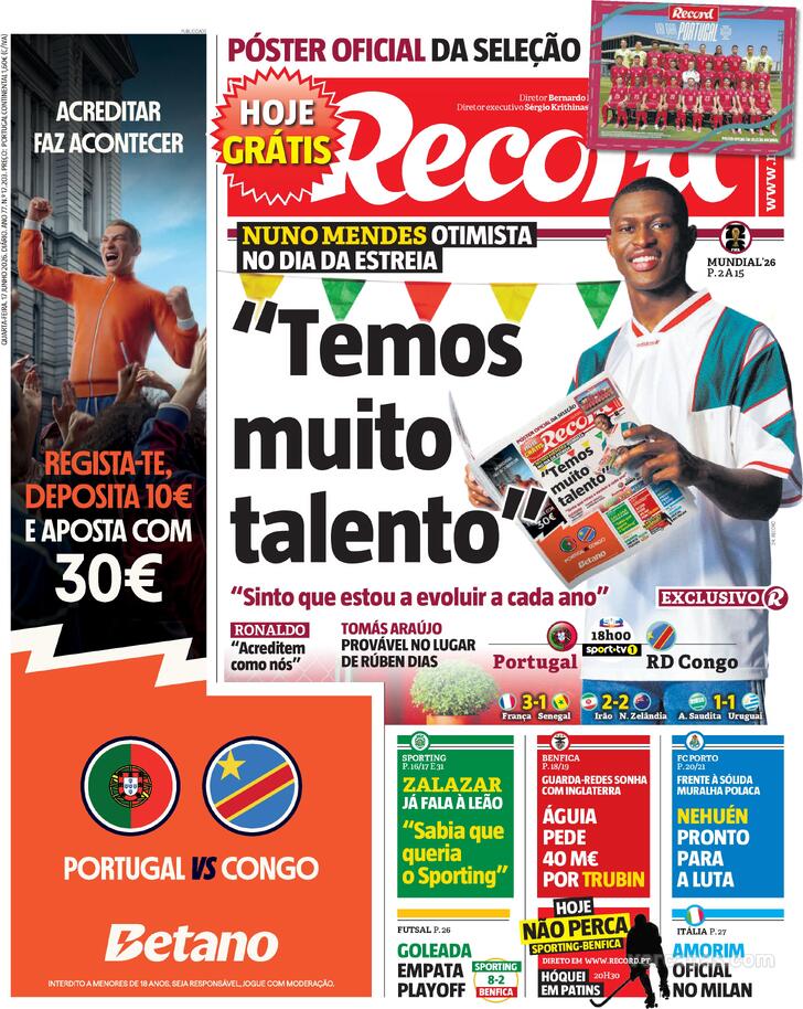 Capas dos jornais desportivos de 17 de Junho de 2026 3 Capa - Jornal Record