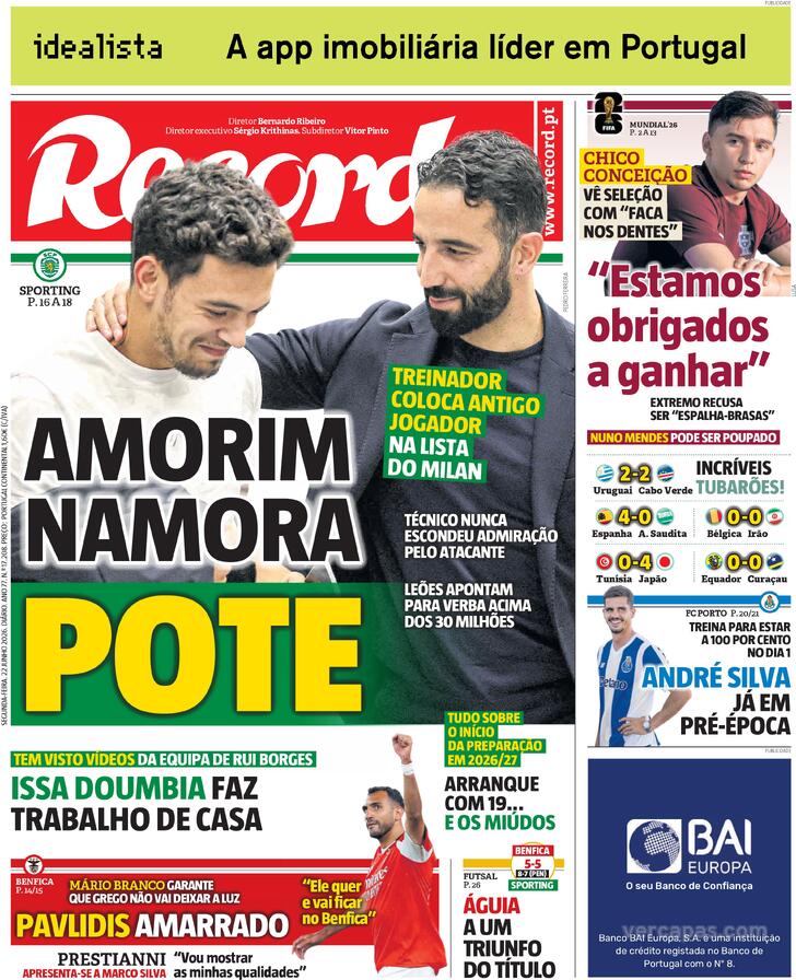 Capas dos jornais desportivos de 22 de Junho de 2026 3 Capa - Jornal Record