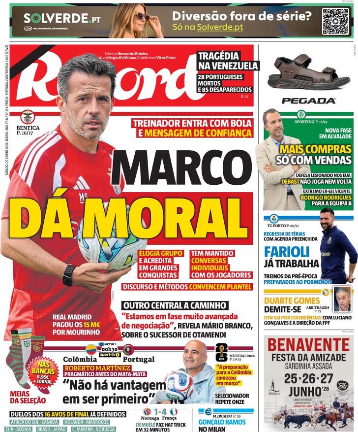 Capas dos jornais desportivos de 27 de Junho de 2026 3 Capa - Jornal Record