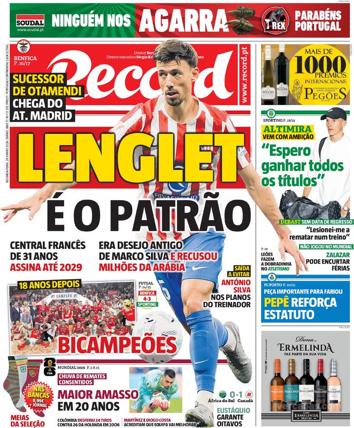Capas dos jornais desportivos de 29 de Junho de 2026 3 Capa - Jornal Record