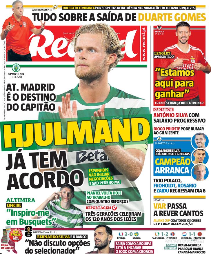 Capas dos jornais desportivos de 1 de Julho de 2026 3 Capa - Jornal Record