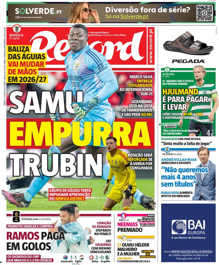 Capas dos jornais desportivos de 4 de Julho de 2026 3 Capa - Jornal Record