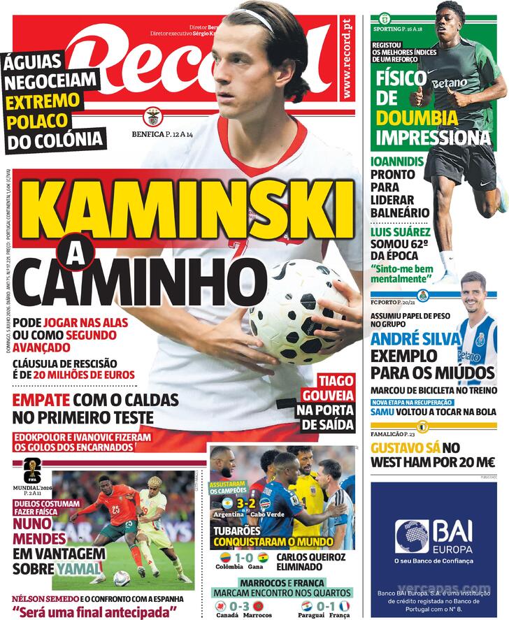 Capas dos jornais desportivos de 5 de Julho de 2026 3 Capa - Jornal Record