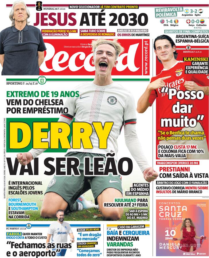 Capas dos jornais desportivos de 8 de Julho de 2026 3 Capa - Jornal Record