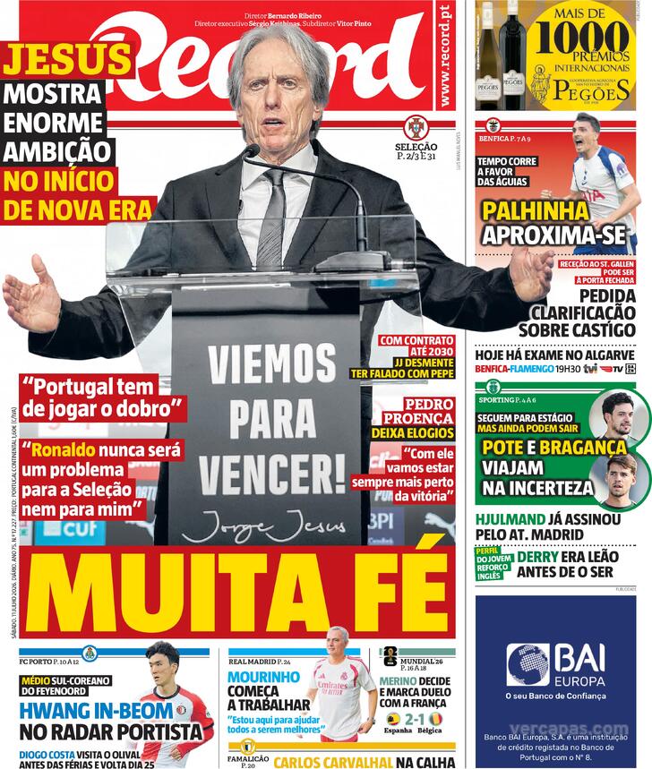 Capas dos jornais desportivos de 11 de Julho de 2026 3 Capa - Jornal Record
