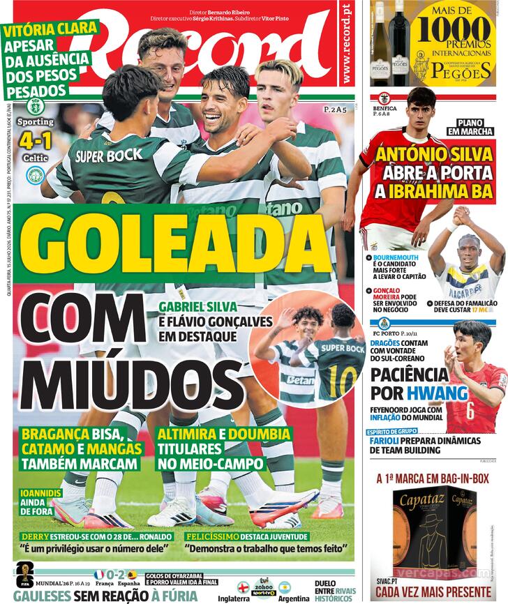 Capas dos jornais desportivos de 15 de Julho de 2026 3 Capa - Jornal Record