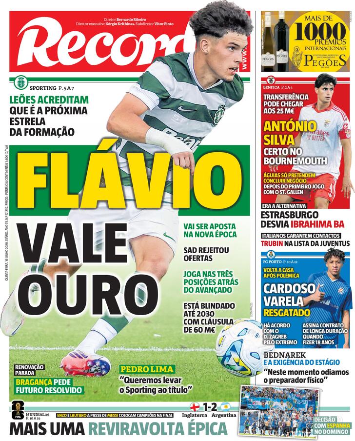 Capas dos jornais desportivos de 16 de Julho de 2026 3 Capa - Jornal Record