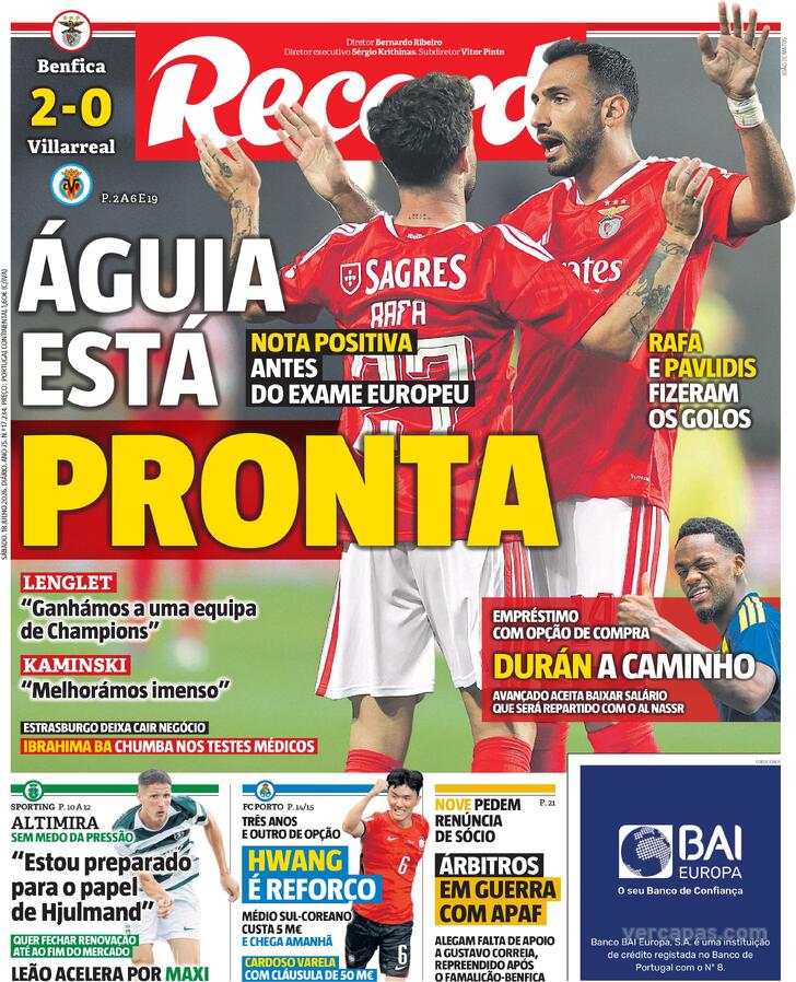 Capas dos jornais desportivos de 18 de Julho de 2026 3 Capa - Jornal Record
