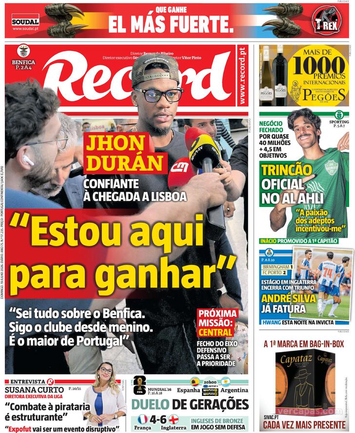Capas dos jornais desportivos de 19 de Julho de 2026 3 Capa - Jornal Record