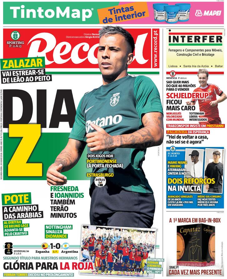 Capas dos jornais desportivos de 20 de Julho de 2026 3 Capa - Jornal Record