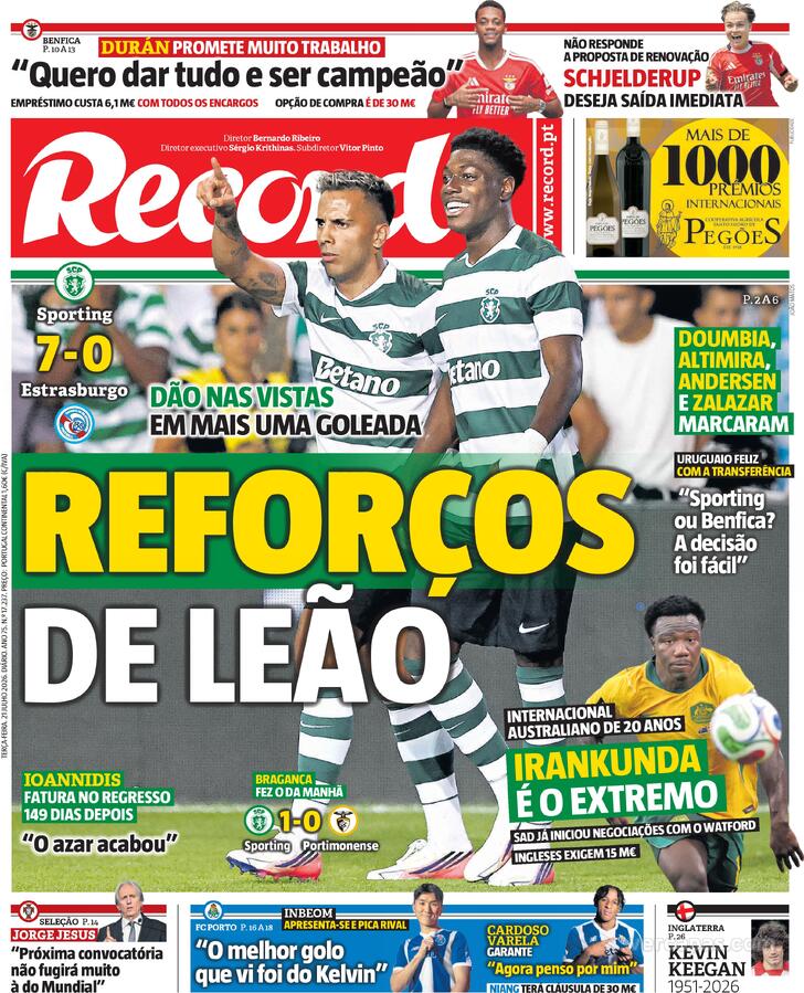 Capas dos jornais desportivos de 21 de Julho de 2026 3 Capa - Jornal Record