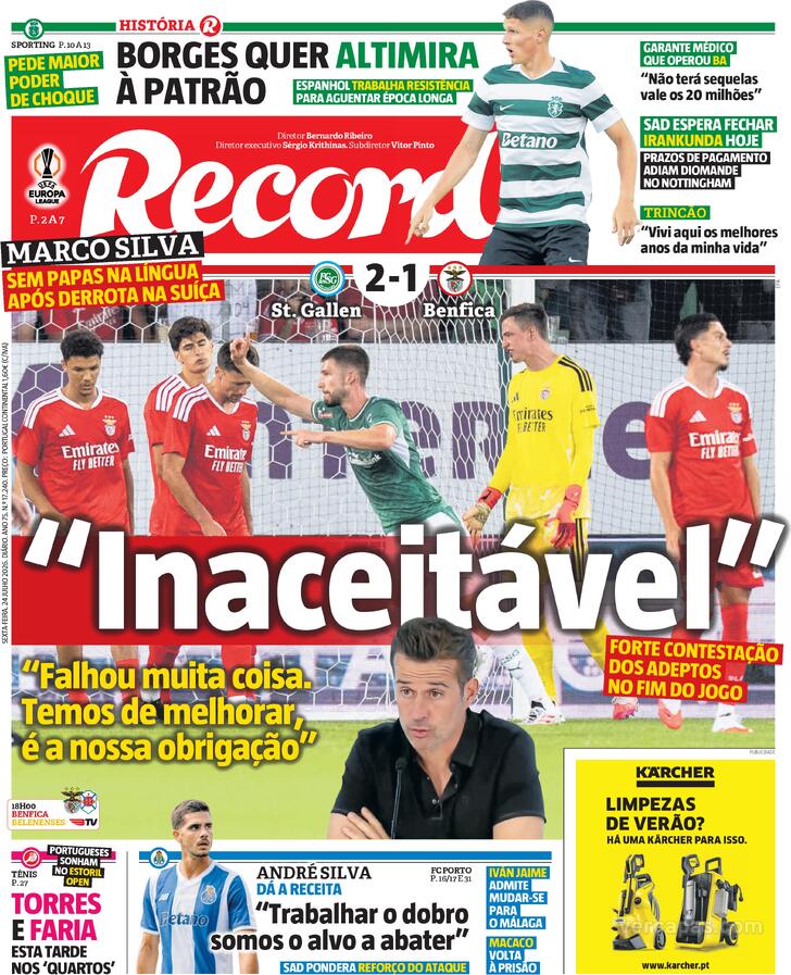 Capas dos jornais desportivos de 24 de Julho de 2026 3 Capa - Jornal Record