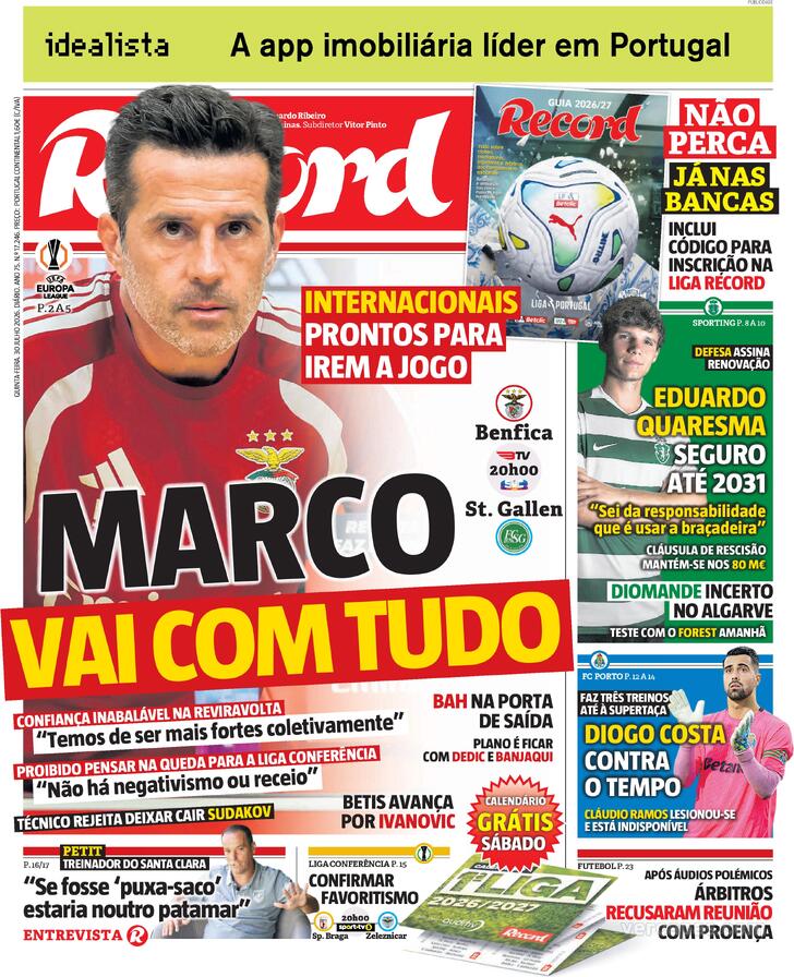 Capas dos jornais desportivos de 30 de Julho de 2026 3 Capa - Jornal Record