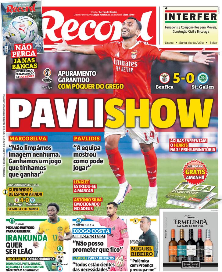 Capas dos jornais desportivos de 31 de Julho de 2026 3 Capa - Jornal Record