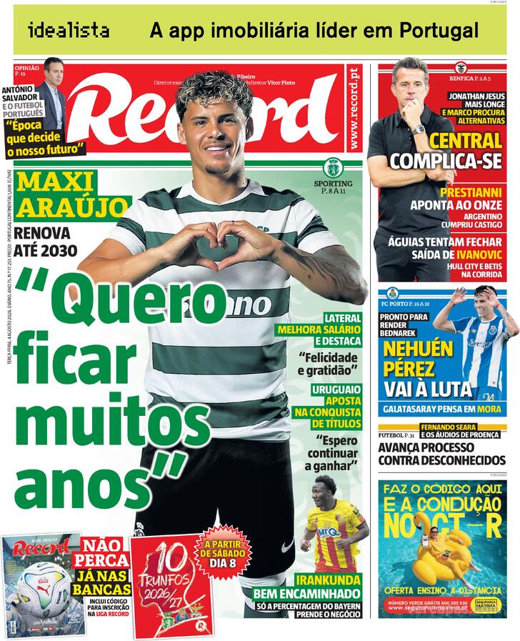 Capas dos jornais desportivos de 4 de Agosto de 2026 3 Capa - Jornal Record
