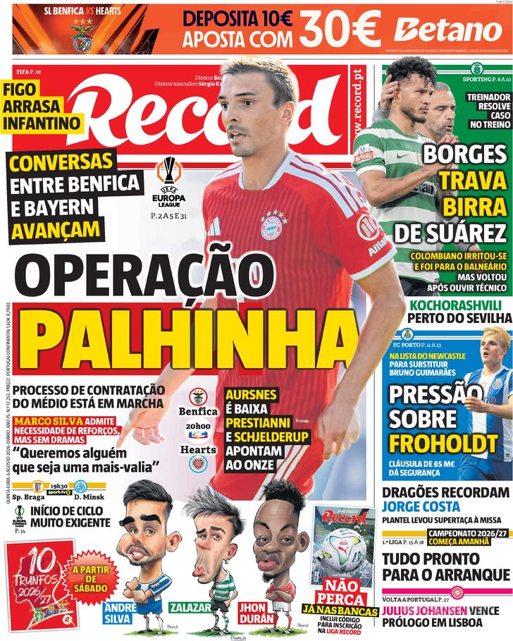 Capas dos jornais desportivos de 6 de Agosto de 2026 3 Capa - Jornal Record