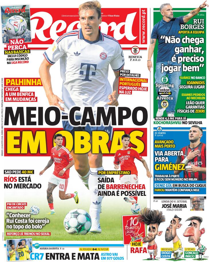 Capas dos jornais desportivos de 22 de Agosto de 2026 3 Capa - Jornal Record