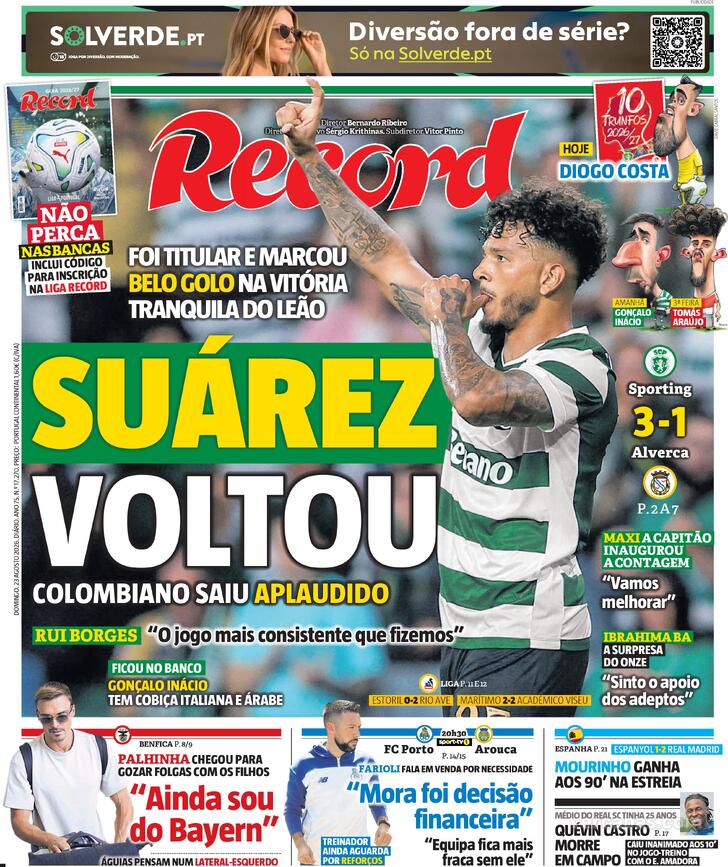Capas dos jornais desportivos de 23 de Agosto de 2026 3 Capa - Jornal Record