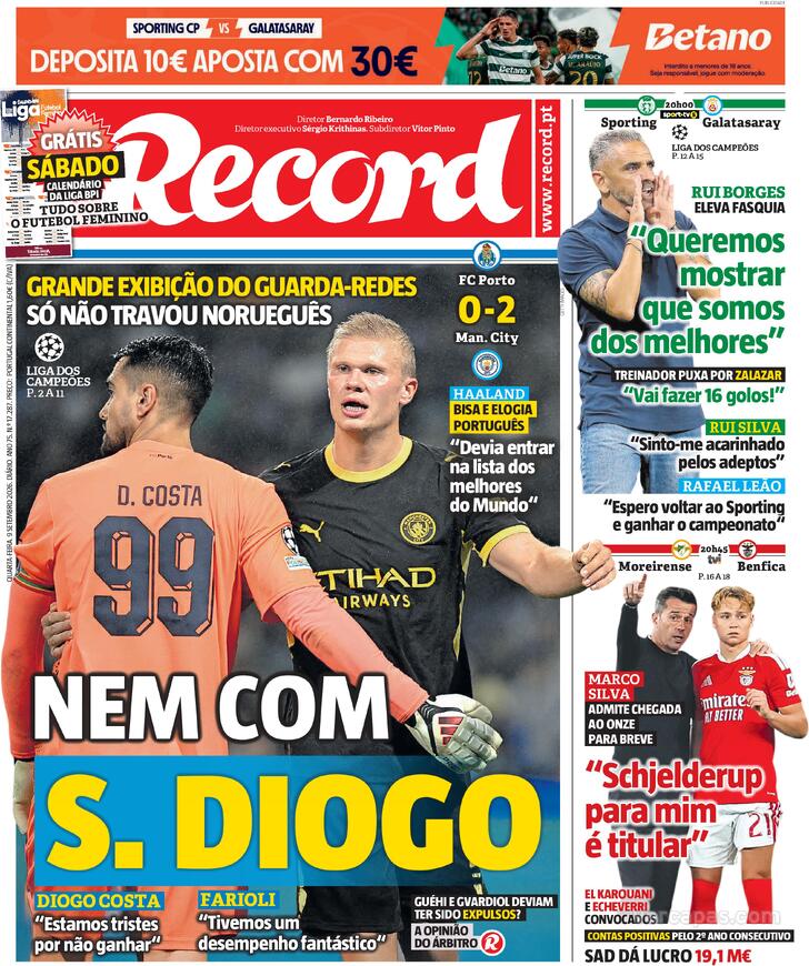 Capas dos jornais desportivos de 9 de Setembro de 2026 3 Capa - Jornal Record