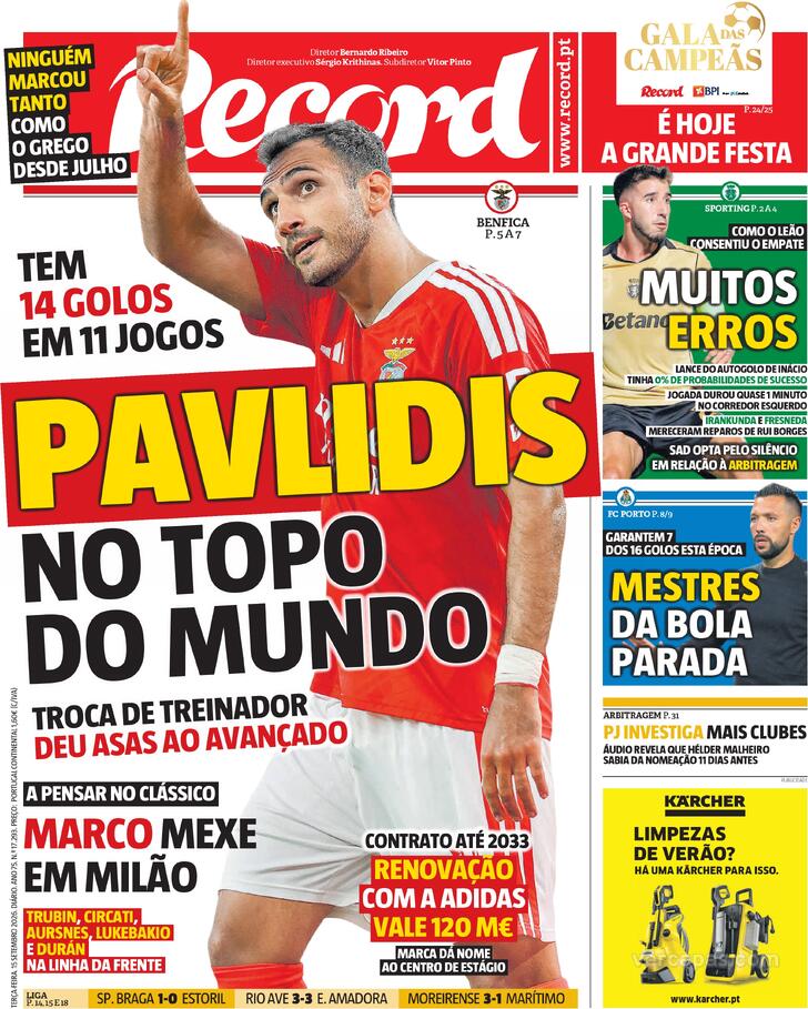 Capas dos jornais desportivos de 15 de Setembro de 2026 3 Capa - Jornal Record