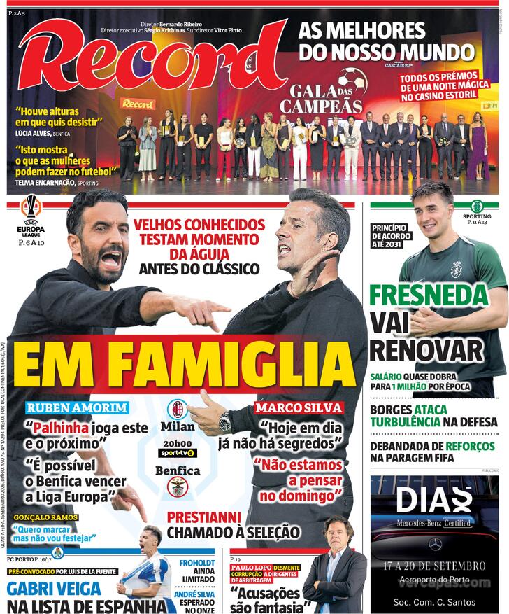Capas dos jornais desportivos de 16 de Setembro de 2026 3 Capa - Jornal Record