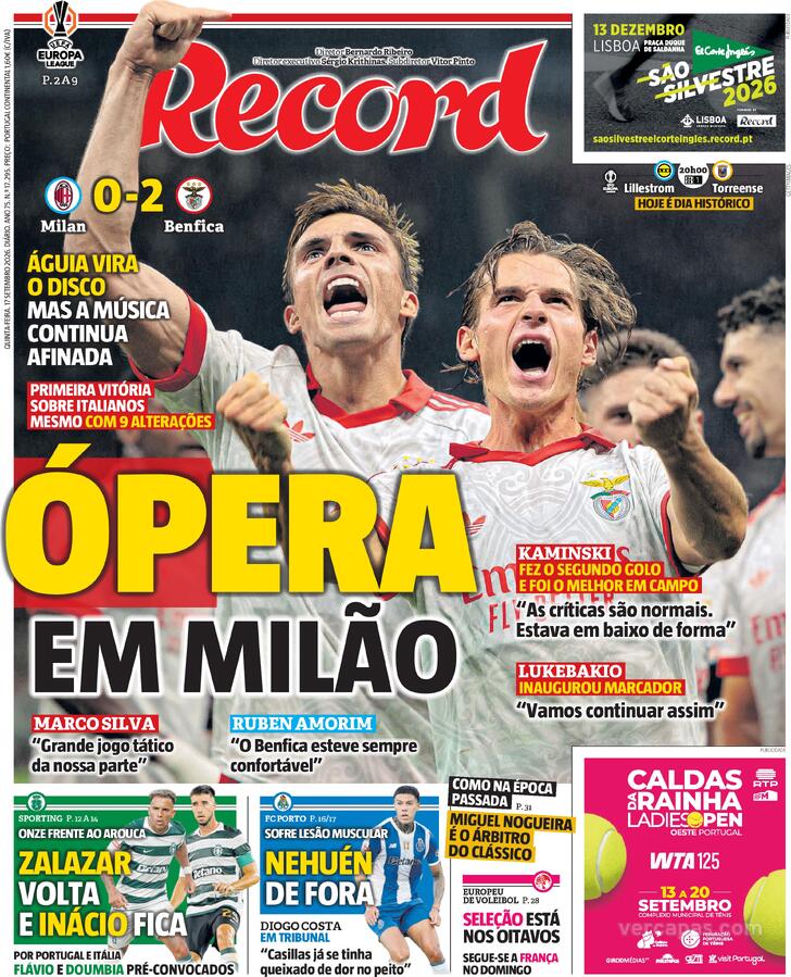 Capas dos jornais desportivos de 17 de Setembro de 2026 3 Capa - Jornal Record