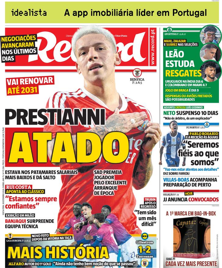 Capas dos jornais desportivos de 18 de Setembro de 2026 3 Capa - Jornal Record