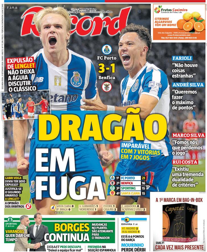 Capas dos jornais desportivos de 21 de Setembro de 2026 3 Capa - Jornal Record