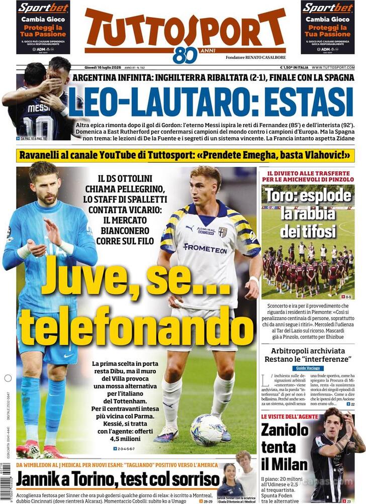 Capa Tuttosport - 2026-07-16