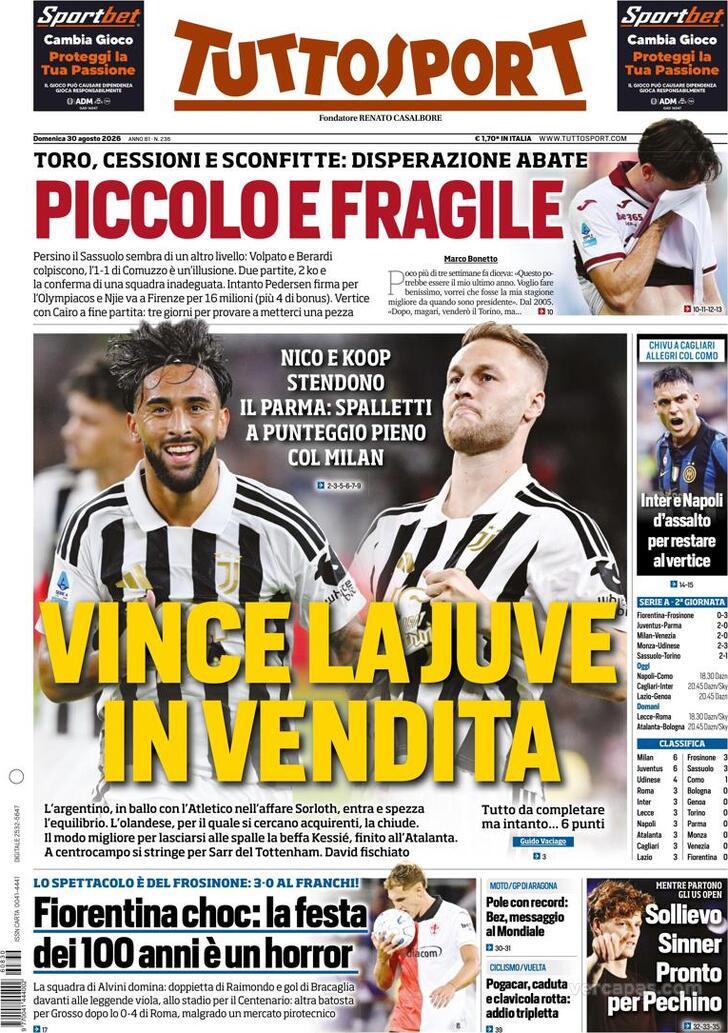 Capa Tuttosport - 2026-08-30