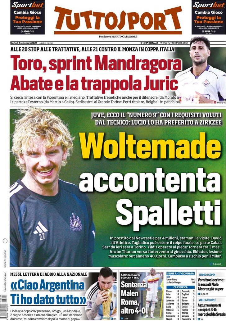 Capa Tuttosport - 2026-09-01