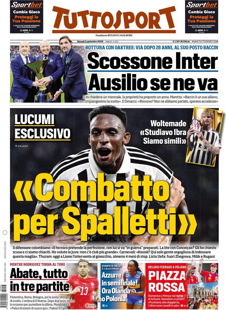 Capa Tuttosport - 2026-09-03