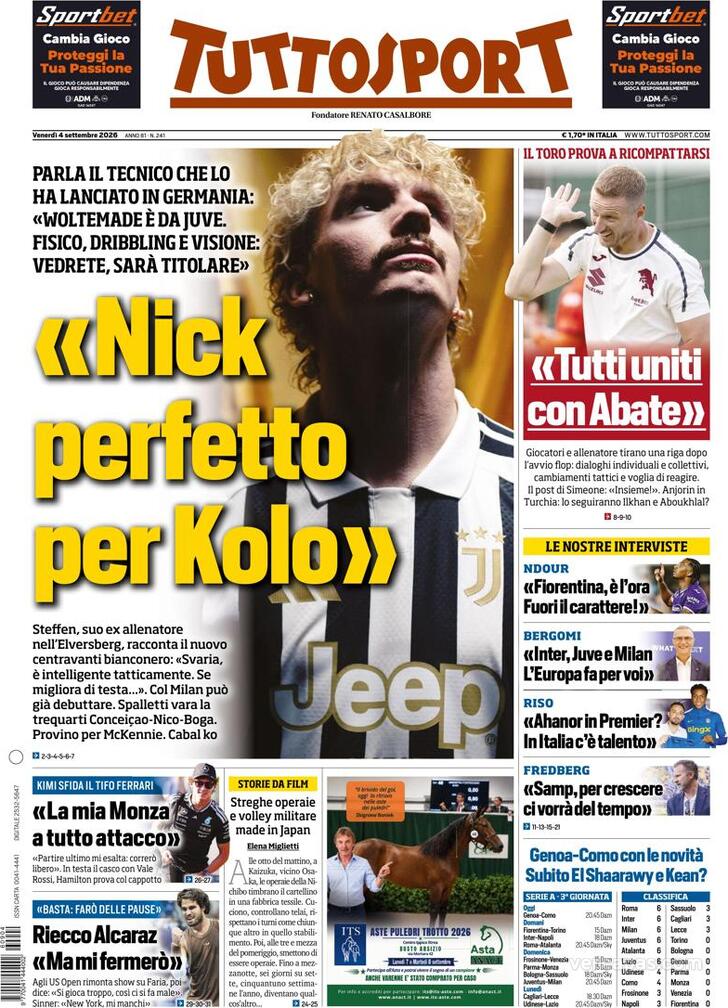 Capa Tuttosport - 2026-09-04