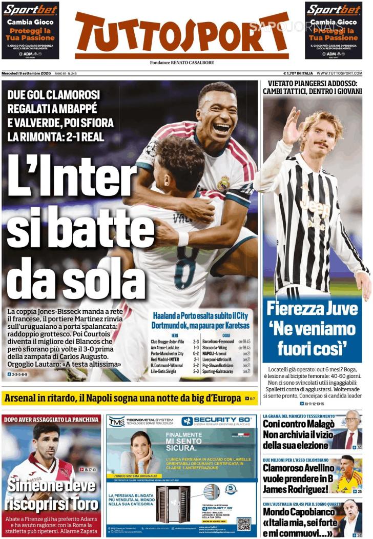 Capa Tuttosport - 2026-09-09
