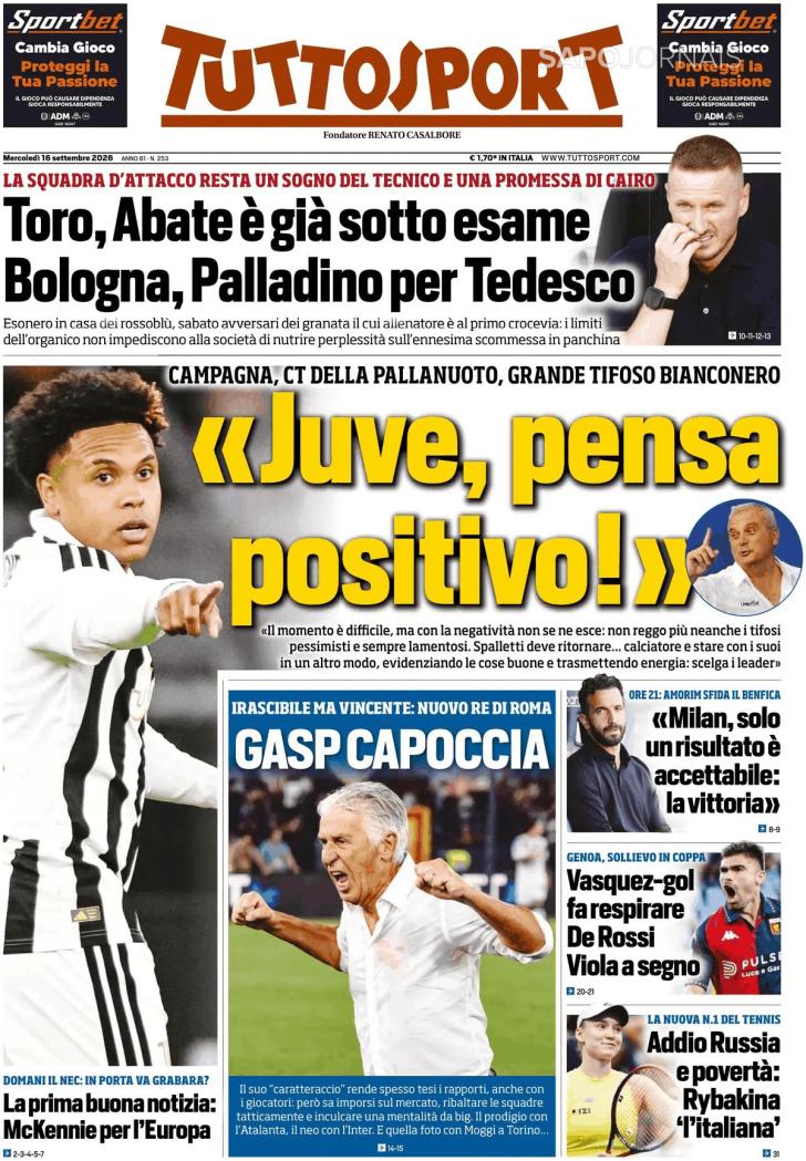 Capa Tuttosport - 2026-09-16